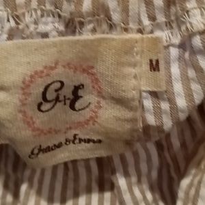 Grace & Emma brown/beige seersucker dress w embroidered & frayed cuffs & hem Sm